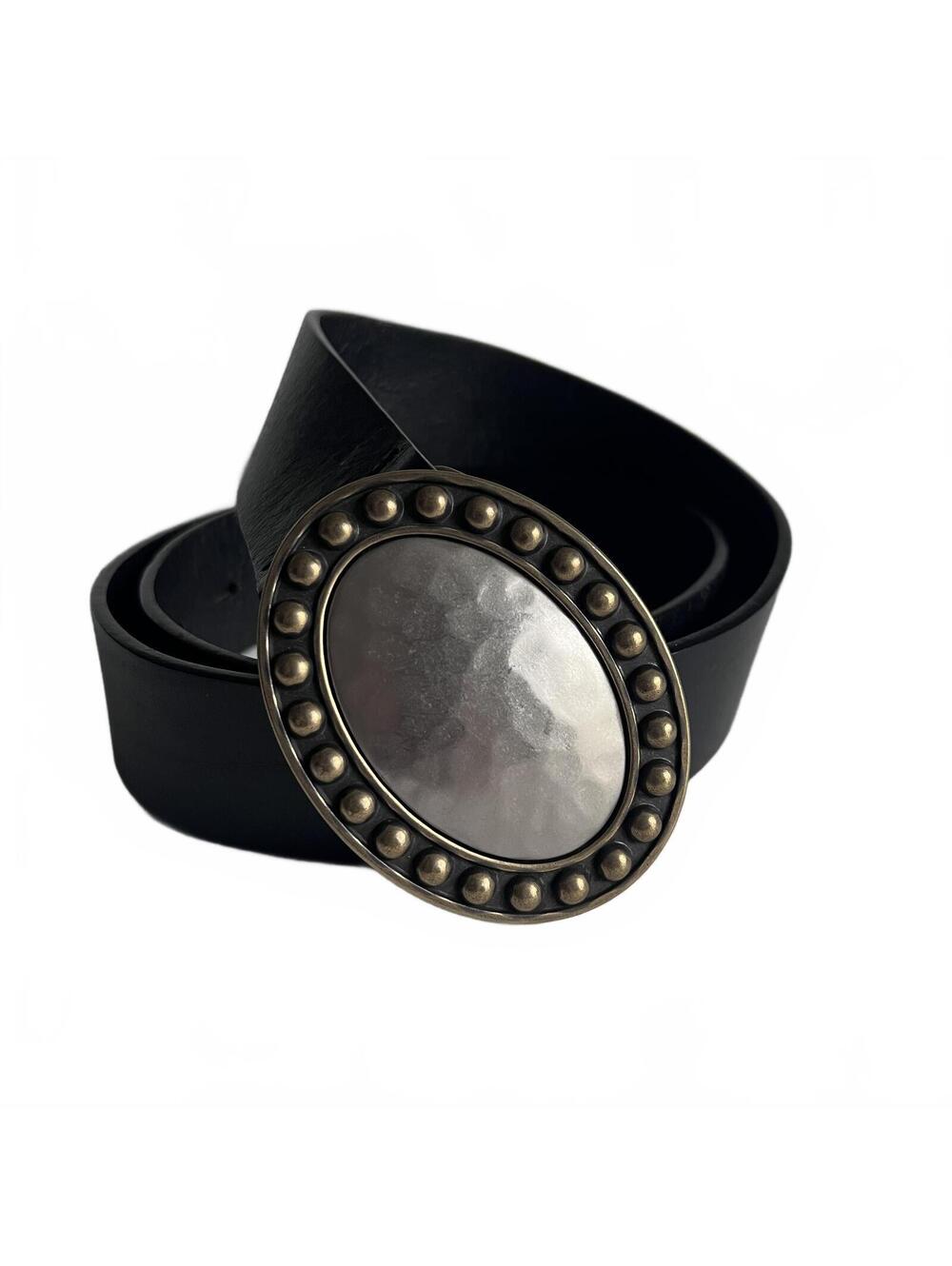 Fossil Black Leather Belt Women’s Med Brass & Hammered Silver 3" Buckle Western